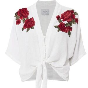 Rails Thea white linen tie short sleeve top crop with red rose embroidery